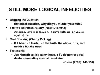 STILL MORE LOGICAL INFELICITIES

•   Begging the Question
     – rhetorical question, Why did you murder your wife?
•   The two-Extremes Fallacy (False Dilemma)
     – America, love it or leave it. You’re with me, or you’re
       against me.
•   Card Stacking (Cherry Picking)
     – If it bleeds it leads. ct. the truth, the whole truth, and
       nothing but the truth
•   Testimonial
     – Joe Namath selling panty hose, a TV doctor (or a real
       doctor) promoting a certain medicine
                                                 (Cross [2009]: 149-159)

                                   44                                 43
 