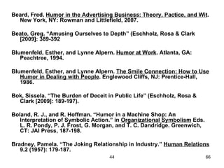 Beard, Fred. Humor in the Advertising Business: Theory, Pactice, and Wit.
  New York, NY: Rowman and Littlefield, 2007.

Beato, Greg. “Amusing Ourselves to Depth” (Eschholz, Rosa & Clark
  [2009]: 389-392

Blumenfeld, Esther, and Lynne Alpern. Humor at Work. Atlanta, GA:
   Peachtree, 1994.

Blumenfeld, Esther, and Lynne Alpern. The Smile Connection: How to Use
   Humor in Dealing with People. Englewood Cliffs, NJ: Prentice-Hall,
   1986.

Bok, Sissela. “The Burden of Deceit in Public Life” (Eschholz, Rosa &
  Clark [2009]: 189-197).

Boland, R. J., and R. Hoffman. “Humor in a Machine Shop: An
   Interpretation of Symbolic Action.” in Organizational Symbolism Eds.
   L. R. Pondy, P. J. Frost, G. Morgan, and T. C. Dandridge. Greenwich,
   CT: JAI Press, 187-198.

Bradney, Pamela. “The Joking Relationship in Industry.” Human Relations
   9.2 (1957): 179-187.
                                    44                                    66
 