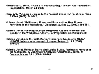 Hadjistassou, Stella. “I Can Sell You Anything.” Tempe, AZ: PowerPoint
  Presentation, March 24, 2006.

Herz, J. C. “A Name So Smooth, the Product Glides In.” (Eschholz, Rosa
   & Clark [2009]: 641-642).

Holmes, Janet. “Politeness, Power and Provocation: How Humor
   Functions in the Workplace.” Discourse Studies 2.2 (2000): 159-185.

Holmes, Janet. “Sharing a Laugh: Pragmatic Aspects of Humor and
   Gender in the Workplace.” Journal of Pragmatics 38 (2006): 26-50.

Holmes, Janet, and Meredith Marra. “Humor and Leadership Style.”
   HUMOR: International Journal of Humor Research 19.2 (2006):
   119-134.

Holmes, Janet, Meredith Marra, and Louise Burns. “Women’s Humour in
   the Workplace: A Quantitative Analysis.” Australian Journal of
   Communication 28.1 (2001): 83-108.




                                   44                                    71
 
