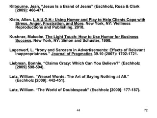 Kilbourne, Jean. “Jesus Is a Brand of Jeans” (Eschholz, Rosa & Clark
   [2009]: 466-471.

Klein, Allen. L.A.U.G.H.: Using Humor and Play to Help Clients Cope with
   Stress, Anger, Frustration, and More. New York, NY: Wellness
   Reproductions and Publishing. 2010.

Kushner, Malcolm, The Light Touch: How to Use Humor for Business
  Success. New York, NY: Simon and Schuster, 1990.

Lagerwerf, L. “Irony and Sarcasm in Advertisements: Effects of Relevant
   Inappropriatness.” Journal of Pragmatics 39.10 (2007): 1702-1721.

Liebman, Bonnie. “Claims Crazy: Which Can You Believe?” (Eschholz
   [2009] 598-594).

Lutz, William. “Weasel Words: The Art of Saying Nothing at All.”
   (Eschholz [2009]: 442-451).

Lutz, William. “The World of Doublespeak” (Eschholz [2009]: 177-187).




                                    44                                  72
 
