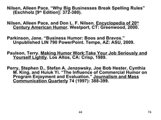 Nilsen, Alleen Pace. “Why Big Businesses Break Spelling Rules”
   (Eschholz [9th Edition]: 372-380).

Nilsen, Alleen Pace, and Don L. F. Nilsen. Encyclopedia of 20th
   Century American Humor. Westport, CT: Greenwood, 2000.

Parkinson, Jane. “Business Humor: Boos and Bravos.”
  Unpublished LIN 790 PowerPoint. Tempe, AZ: ASU, 2009.

Paulson, Terry. Making Humor Work:Take Your Job Seriously and
  Yourself Lightly. Los Altos, CA: Crisp, 1989.

Perry, Stephen D., Stefan A. Jenzowsky, Joe Bob Hester, Cynthia
  M. King, and Huiuk Yi. “The Influence of Commercial Humor on
  Program Enjoyment and Evaluation.” Journalism and Mass
  Communication Quarterly 74 (1997): 388-399.




                                  44                              74
 