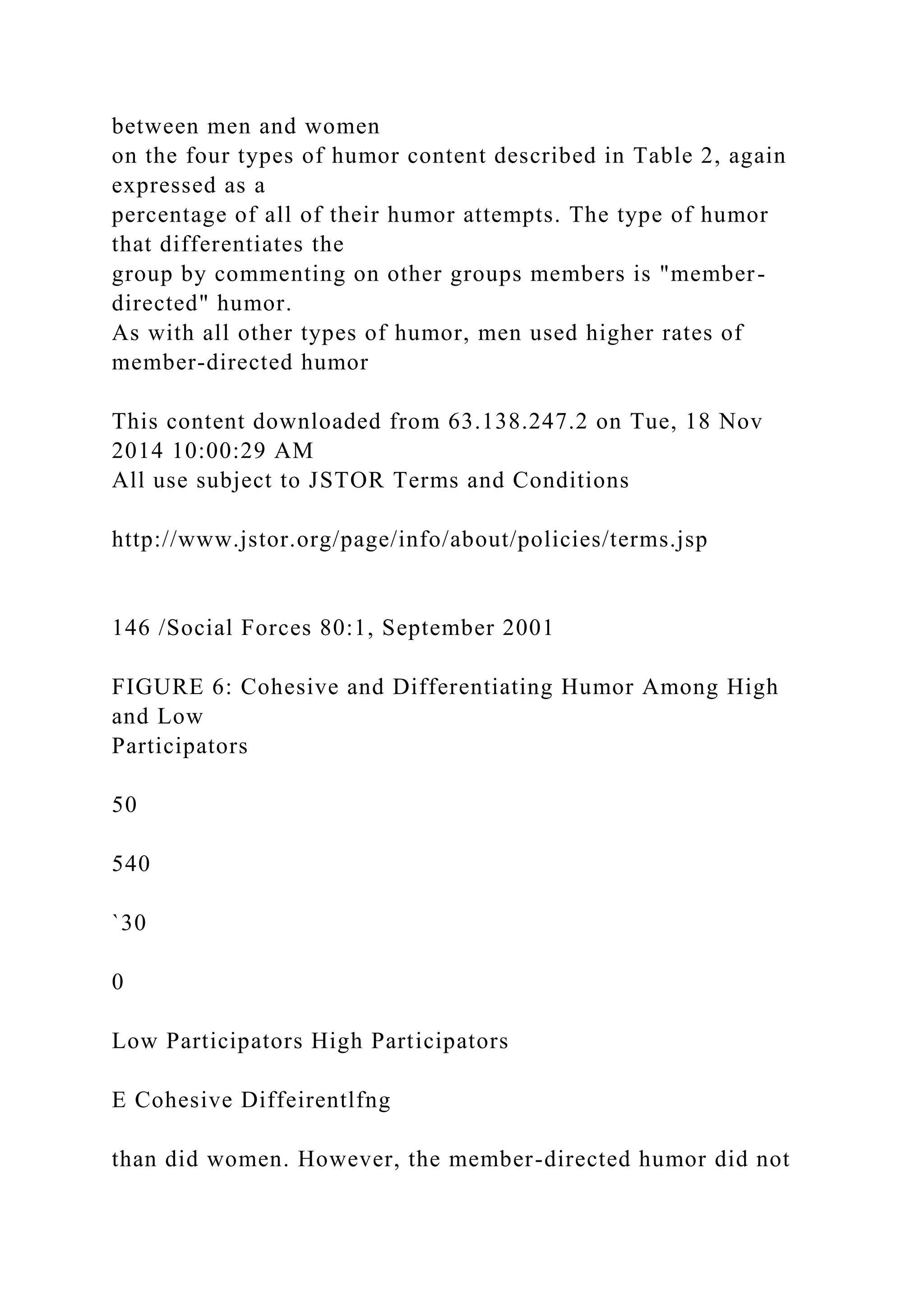 between men and women
on the four types of humor content described in Table 2, again
expressed as a
percentage of all of their humor attempts. The type of humor
that differentiates the
group by commenting on other groups members is "member-
directed" humor.
As with all other types of humor, men used higher rates of
member-directed humor
This content downloaded from 63.138.247.2 on Tue, 18 Nov
2014 10:00:29 AM
All use subject to JSTOR Terms and Conditions
http://www.jstor.org/page/info/about/policies/terms.jsp
146 /Social Forces 80:1, September 2001
FIGURE 6: Cohesive and Differentiating Humor Among High
and Low
Participators
50
540
`30
0
Low Participators High Participators
E Cohesive Diffeirentlfng
than did women. However, the member-directed humor did not
 