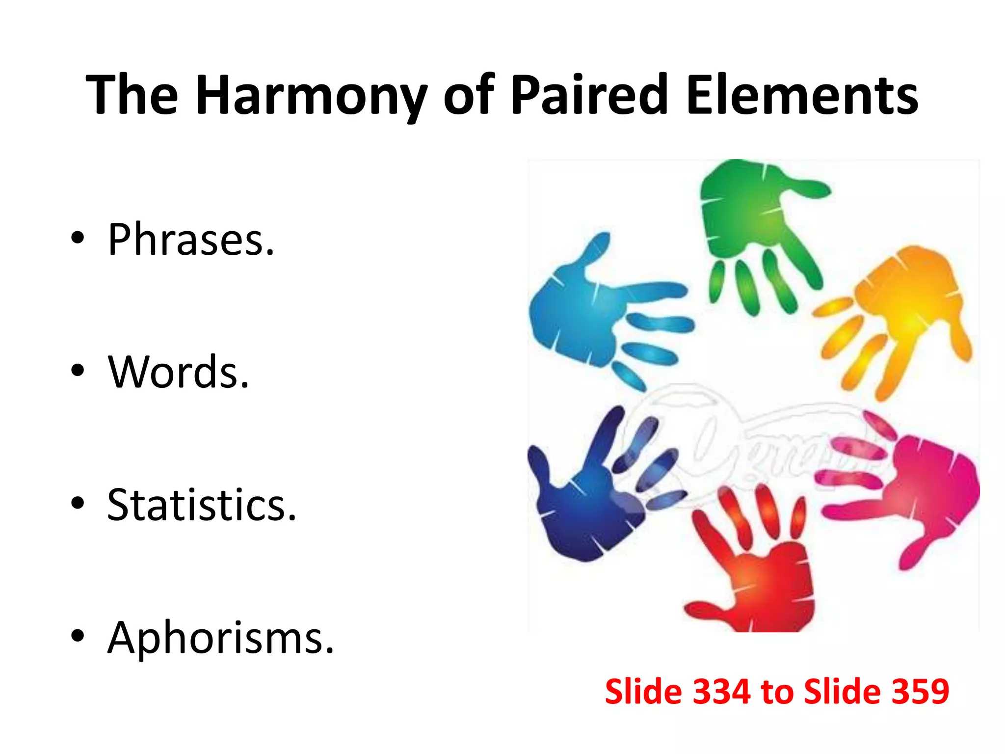 The Harmony of Paired Elements
• Phrases.
• Words.
• Statistics.
• Aphorisms.
Slide 334 to Slide 359
 