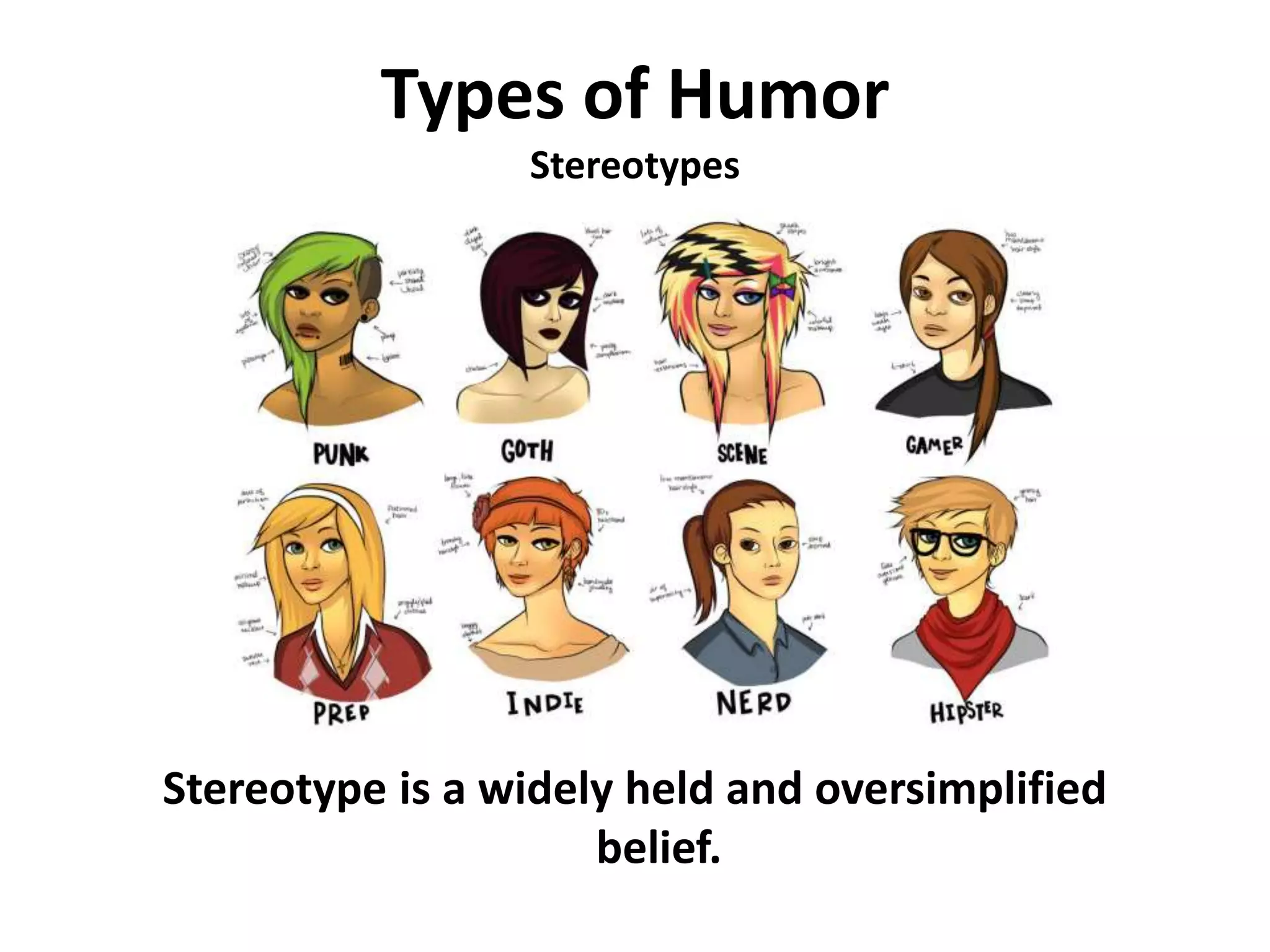 Types of Humor
Stereotypes
Stereotype is a widely held and oversimplified
belief.
 