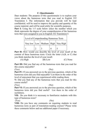 30
C: Questionnaire
Dear students: The purpose of this questionnaire is to explore your
views about the humorous texts that you read in English 332
Translation I. The information that you provide will be kept
confidential, will be used to improve the quality and quantity of the
course material, and will be used solely for scientific purposes.
Part I: Using the 1-5 scale below select the number which you
think represents the degree of your comprehension of the humorous
texts that were assigned to you in English 332 Translation I:
Level of Comprehending Humorous Texts
Very low Low Medium High Very High
1 2 3 4 5
Part II: How would you describe the level of your recall of the
content of these humorous texts: Circle the letter (A,B, or C) that
you think matches the level of your recall:
(A) High (B) Low (C) None
Part III: Did you find any of the humorous texts that you read for
this course enjoyable?
(Yes) (No)
Part IV: If you answered yes to the previous question, which of the
humorous texts did you find enjoyable? List them in the order of the
level of enjoyment that you experienced while reading them.
V: Did you find any of the humorous texts that you read for this
course useful?
(Yes) (No)
Part VI: If you answered yes to the previous question, which of the
humorous texts did you find useful? List them in the order of
usefulness.
VII: Do you think it is necessary to familiarize students with this
type of humorous texts?
(Yes) (No)
VIII: Do you have any comments on requiring students to read
humorous texts as part of translation-reading courses? Please write
these comments below and use additional paper if necessary.
 