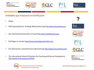 ISCD-SHR Coaching | Página 13
Entidades que Involucran la Certificación
• Aliado
• SHR Coaching (Smart & Happy Relationship Coaching) www.shrcoaching.com
• IAC (International Association of Coaching) www.certifiedcoach.org/
• Psicólogos en Londres http://www.psicologosenlondres.com
• CLC (Comunicad Latinoamericana del Coaching) http://www.clccoaching.com/
• The International School of Solutions for Coaching and Human Development
http://www.shrcoaching.com/ISCD
 