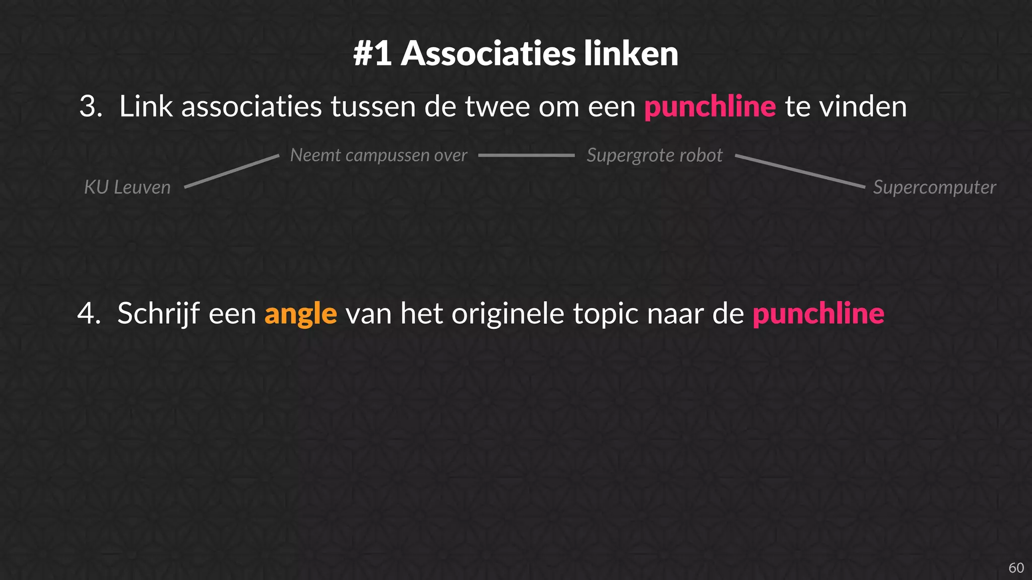 #1 Associaties linken
3. Link associaties tussen de twee om een punchline te vinden
KU Leuven Supercomputer
Neemt campussen over Supergrote robot
4. Schrijf een angle van het originele topic naar de punchline
 