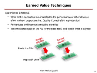 Earned Value Techniques
Apportioned Effort (AE)
  •   Work that is dependent on or related to the performance of other discrete
      effort in direct proportion (i.e., Quality Control effort in production)
  •   Percentage and base task must be identified
  •   Take the percentage of the AE for the base task, and that is what is earned




             Production Effort




                  Inspection Effort




                                      NASA PM Challenge 2010                        27
 