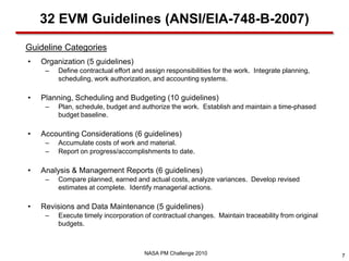 32 EVM Guidelines (ANSI/EIA-748-B-2007)
Guideline Categories
•   Organization (5 guidelines)
     –   Define contractual effort and assign responsibilities for the work. Integrate planning,
         scheduling, work authorization, and accounting systems.

•   Planning, Scheduling and Budgeting (10 guidelines)
     –   Plan, schedule, budget and authorize the work. Establish and maintain a time-phased
         budget baseline.

•   Accounting Considerations (6 guidelines)
     –   Accumulate costs of work and material.
     –   Report on progress/accomplishments to date.

•   Analysis & Management Reports (6 guidelines)
     –   Compare planned, earned and actual costs, analyze variances. Develop revised
         estimates at complete. Identify managerial actions.

•   Revisions and Data Maintenance (5 guidelines)
     –   Execute timely incorporation of contractual changes. Maintain traceability from original
         budgets.



                                      NASA PM Challenge 2010                                        7
 