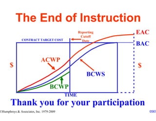 The End of Instruction
                                                 Reporting   EAC
                                                  Cutoff
               CONTRACT TARGET COST                Date
                                                             BAC

                            ACWP
       $                                                     $
                                                     BCWS
                                   BCWP
                                          TIME
       Thank you for your participation
©Humphreys & Associates, Inc. 1979-2009                            0567
 
