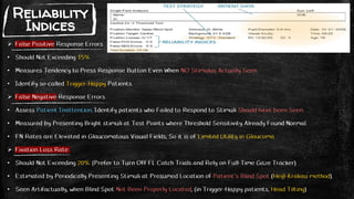  False Positive Response Errors
• Should Not Exceeding 15%
• Measures Tendency to Press Response Button Even When NO Stimulus Actually Seen.
• Identify so-called Trigger-Happy Patients.
 False Negative Response Errors
• Assess Patient Inattention, Identify patients who Failed to Respond to Stimuli Should have been Seen.
• Measured by Presenting Bright stimuli at Test Points where Threshold Sensitivity Already Found Normal.
• FN Rates are Elevated in Glaucomatous Visual Fields, So it is of Limited Utility in Glaucoma.
 Fixation Loss Rate:
• Should Not Exceeding 20%. (Prefer to Turn Off FL Catch Trials and Rely on Full-Time Gaze Tracker)
• Estimated by Periodically Presenting Stimuli at Presumed Location of Patient’s Blind Spot (Heijl-Krakau method).
• Seen Artifactually, when Blind Spot Not Been Properly Located, (in Trigger-Happy patients, Head Tilting)
Reliability
Indices
 