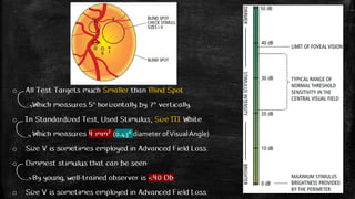 o All Test Targets much Smaller than Blind Spot
Which measures 5° horizontally by 7° vertically.
o In Standardized Test, Used Stimulus; Size III White
Which measures 4 mm² (0.43° diameter ofVisualAngle)
o Size V is sometimes employed in Advanced Field Loss.
o Dimmest stimulus that can be seen
By young, well-trained observer is <40 Db
o Size V is sometimes employed in Advanced Field Loss.
 