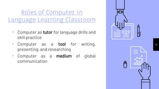 10
Roles of Computer in
Language Learning Classroom
▹ Computer as tutor for language drills and
skill practice
▹ Computer as a tool for writing,
presenting, and researching
▹ Computer as a medium of global
communication
 