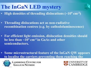 The InGaN LED mystery 
• High densities of threading dislocations (~109 cm-2) 
• Threading dislocations act as non-radiati...