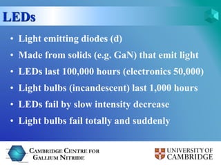LEDs 
• Light emitting diodes (d) 
• Made from solids (e.g. GaN) that emit light 
• LEDs last 100,000 hours (electronics 5...
