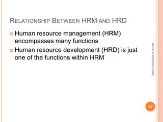 RELATIONSHIP BETWEEN HRM AND HRD
 Human

Werner & DeSimone (2006)

resource management (HRM)
encompasses many functions
 Human resource development (HRD) is just
one of the functions within HRM

17

 