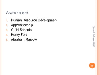 ANSWER KEY
1.

3.
4.
5.

Werner & DeSimone (2006)

2.

Human Resource Development
Apprenticeship
Guild Schools
Henry Ford
Abraham Maslow

19

 