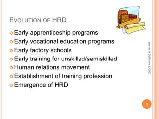 EVOLUTION OF HRD
 Early

Werner & DeSimone (2006)

apprenticeship programs
 Early vocational education programs
 Early factory schools
 Early training for unskilled/semiskilled
 Human relations movement
 Establishment of training profession
 Emergence of HRD
3

 