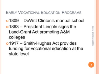 EARLY VOCATIONAL EDUCATION PROGRAMS

– DeWitt Clinton’s manual school
 1863 – President Lincoln signs the
Land-Grant Act promoting A&M
colleges
 1917 – Smith-Hughes Act provides
funding for vocational education at the
state level
 1809

Werner & DeSimone (2006)

8

 