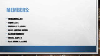 MEMBERS:
• TRICIA SIMBAJON
• ALEXA SARTE
• MARY ROSE FLAVIANO
• ANGEL ROSE SAN MIGUEL
• CAMILLE MASANQUE
• MIGUEL AGAPITO
• KOBE BRYAN PLAGANAS
 