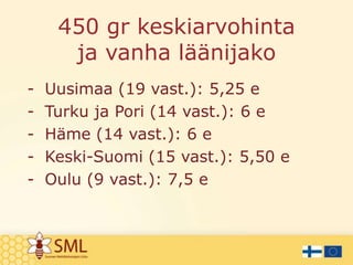 450 gr keskiarvohinta
ja vanha läänijako
-

Uusimaa (19 vast.): 5,25 e
Turku ja Pori (14 vast.): 6 e
Häme (14 vast.): 6 e
Keski-Suomi (15 vast.): 5,50 e
Oulu (9 vast.): 7,5 e

 