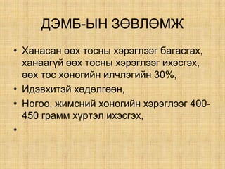 ÄÝÌÁ-ÛÍ ÇªÂËªÌÆ
• Õàíàñàí ººõ òîñíû õýðýãëýýã áàãàñãàõ,
õàíààã¿é ººõ òîñíû õýðýãëýýã èõýñãýõ,
ººõ òîñ õîíîãèéí èë÷ëýãèéí 30%,
• Èäýâõèòýé õºäºëãººí,
• Íîãîî, æèìñíèé õîíîãèéí õýðýãëýýã 400-
450 ãðàìì õ¿ðòýë èõýñãýõ,
•
 