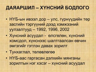 ÄÀßÀÐØÈË – Õ¯ÍÑÍÈÉ ÁÎÄËÎÃÎ
• Í¯Á-ûí èâýýë äîð – óëñ, ã¿ðí¿¿äèéí òºð
çàñãèéí òýðã¿¿íèé äýýä õýìæýýíèé
óóëçàëòууд – 1992, 1996, 2002
• Õ¿íñíèé àñóóäàë - ºëñãºëºí, õ¿íñíèé
õîìñäîë, õ¿íñíýýñ øàëòãààëñàí ºâ÷èí
ýìãýãèéã ãýòëýí äàâàõ çîðèëò
• Òóíõàãëàë, òºëºâëºãºº
• Í¯Á-ààñ ãàðãàñàí äýëõèéí ìÿíãàíû
çîðèëòûí íýã õýñýã – õ¿íñíèé àñóóäàë
 