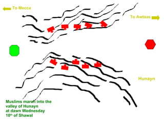 Hunayn To Mecca To Awtaas Muslims march into the valley of Hunayn at dawn Wednesday 10 th  of Shawal 