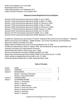 Hollywood United Neighborhood Council Bylaws Approved 11-06-14
1
HUNC Current Bylaws: as of June 2008
Rosenberg's Rules of Order
HUNC Standing Rules: as of September 2011
HUNC Financial Procedures: as of October 2007
Hollywood United Neighborhood Council Bylaws
Revised 5/19/03 (Amendments approved by DONE on July 9, 2003)
Revised 1/12/04 (Amendments approved by DONE on March 12, 2004)
Revised 1/12/04 (Amendments approved by DONE on February 6, 2004)
Revised 1/12/04 (Amendments approved by DONE on May 12, 2004)
Revised 1/20/05 (Amendments approved by DONE on February 23, 2005)
Revised 1/17/06 (Amendments approved by DONE February 17, 2006)
Revised 6/16/07 (Amendments approved by DONE June 16, 2007)
Revised 12/17/07 (Amendments approved by DONE June 3, 2008)
Revised 4/16/12 (Amendments approved by DONE September 15, 2012)
Revised 1/26/14 (Amendments approved by DONE January 26, 2014)
Revised 9/15/14 (Amendments approved by DONE November 06, 2014)
Created from original source documents of “Franklin / Hollywood Hills Community Council Bylaws,” “Hollywood
Alliance Community Council Bylaws,” “DONE template,” and various City Attorney recommendations.
Approved by Bylaws committee June 2002
Merger, Name and Bylaws Approved at Community Meeting July 18, 2002
Certified by Parliamentarian James H. Stewart, PRP, with amendments as voted by stakeholders, with
necessary punctuation and organizational corrections.
Approved By Interim Board, Unanimously, Aug. 3, 2002
Numerous Amendments submitted to DONE and BONC Oct. 2002
Bylaws with amendments approved by DONE, BONC and City Attorney Oct. 15, 2002
HUNC certified as Neighborhood Council #52 on Oct. 15, 2002
District Boundaries Clarified Dec 30, 2002. Reclarified March 2009
Table of Contents
Article I NAME………………………………………………………… 3
Article II PURPOSE……………………………………………………. 3
Article III BOUNDARIES……………………………………………….. 3
Section 1: Boundary Description
Section 2: Internal Boundaries
Article IV STAKEHOLDER……………………………………………. 5
Article V GOVERNING BOARD……………………………………… 5
Section 1: Composition
Section 2: Quorum
Section 3: Official Actions
Section 4: Terms and Term Limits
Section 5: Duties and Powers
 