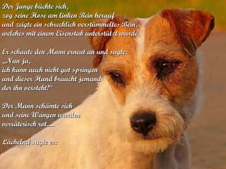 Der Junge bückte sich,  zog seine Hose am linken Bein herauf  und zeigte ein schrecklich verstümmeltes Bein,  welches mit einem Eisenstab unterstützt wurde. Er schaute den Mann erneut an und sagte: „ Nun ja,  ich kann auch nicht gut springen  und dieser Hund braucht jemand  der ihn versteht!“ Der Mann schämte sich  und seine Wangen wurden  verräterisch rot.....  Lächelnd sagte er: 