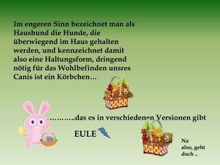 Im engeren Sinn bezeichnet man als
Haushund die Hunde, die
überwiegend im Haus gehalten
werden, und kennzeichnet damit
also eine Haltungsform, dringend
nötig für das Wohlbefinden unsres
Canis ist ein Körbchen…




   ………………..das es in verschiedenen Versionen gibt

                EULE
                                          Na
                                          also, geht
                                          doch ..
 