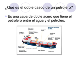 ¿Qué es el doble casco de un petrolero? Es una capa de doble acero que tiene el petrolero entre el agua y el petroleo. 