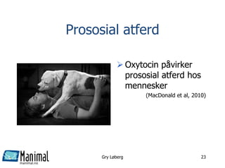 manimal.no
Prososial atferd
 Oxytocin påvirker
prososial atferd hos
mennesker
(MacDonald et al, 2010)
Gry Løberg 23
 