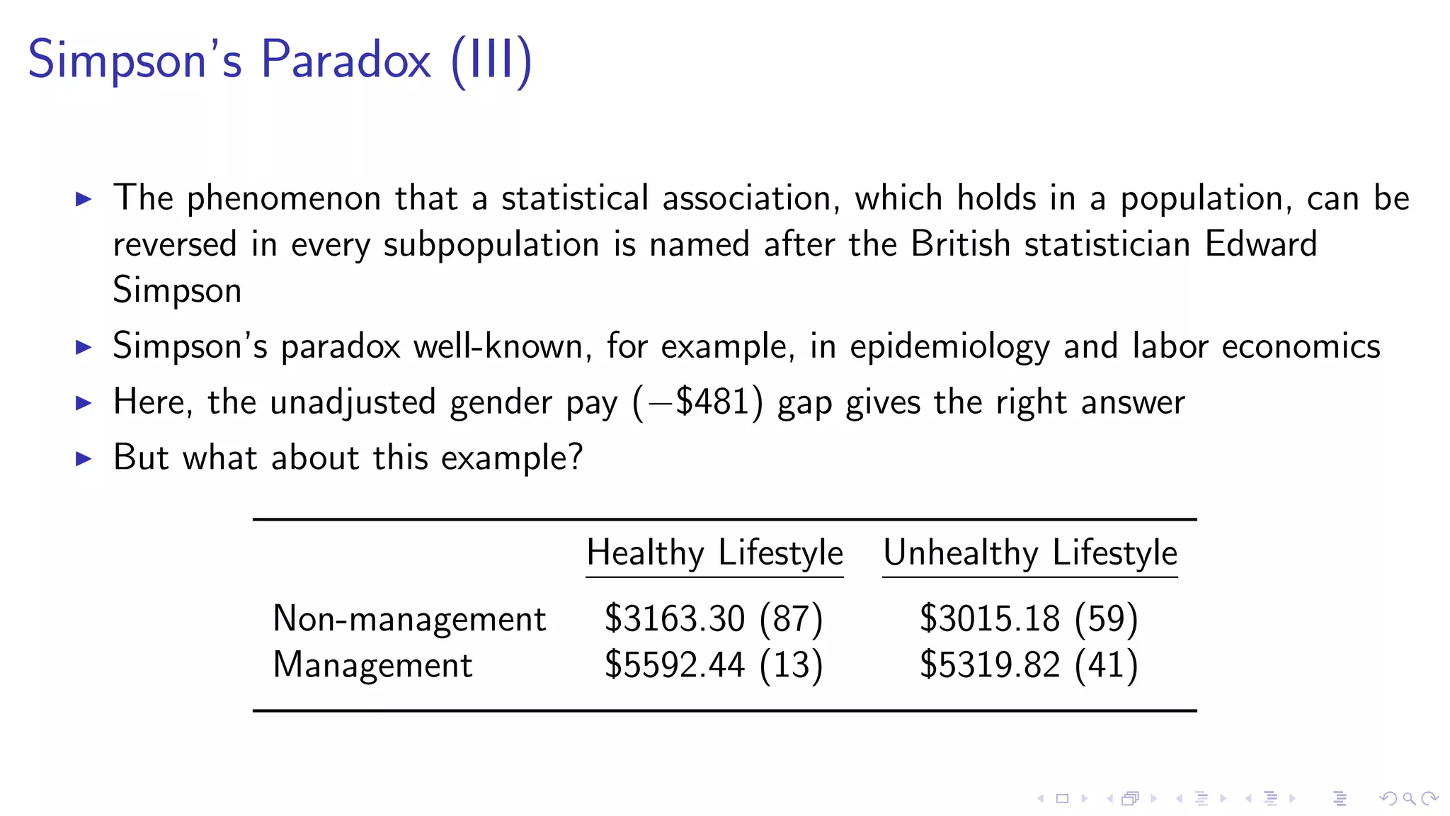 Simpson’s Paradox (III)
The phenomenon that a statistical association, which holds in a population, can be
reversed in every subpopulation is named after the British statistician Edward
Simpson
Simpson’s paradox well-known, for example, in epidemiology and labor economics
Here, the unadjusted gender pay (−$481) gap gives the right answer
But what about this example?
Healthy Lifestyle Unhealthy Lifestyle
Non-management $3163.30 (87) $3015.18 (59)
Management $5592.44 (13) $5319.82 (41)
 