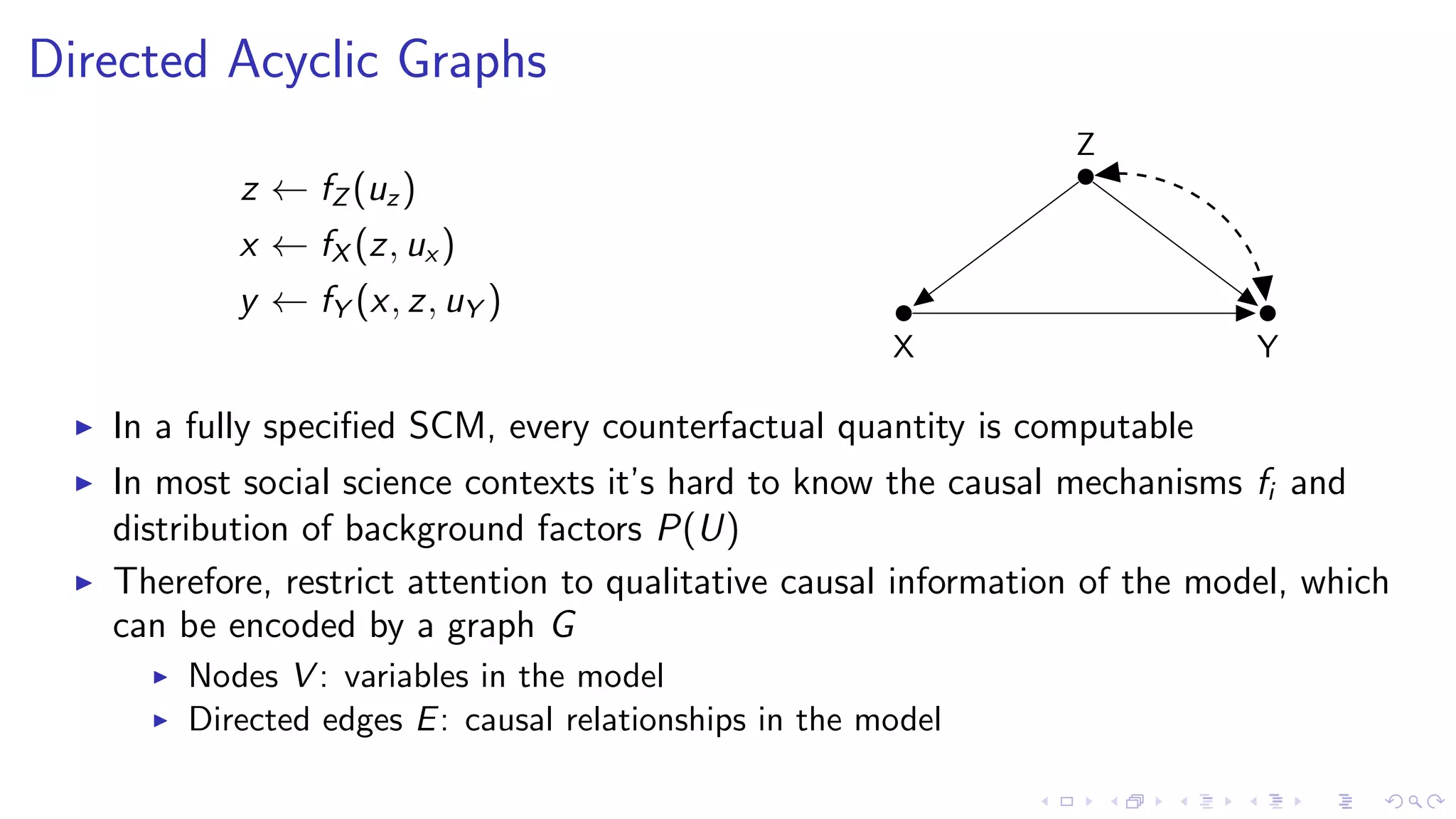 Directed Acyclic Graphs
z ← fZ (uz)
x ← fX (z, ux )
y ← fY (x, z, uY )
X
Z
Y
In a fully speciﬁed SCM, every counterfactual quantity is computable
In most social science contexts it’s hard to know the causal mechanisms fi and
distribution of background factors P(U)
Therefore, restrict attention to qualitative causal information of the model, which
can be encoded by a graph G
Nodes V : variables in the model
Directed edges E: causal relationships in the model
 