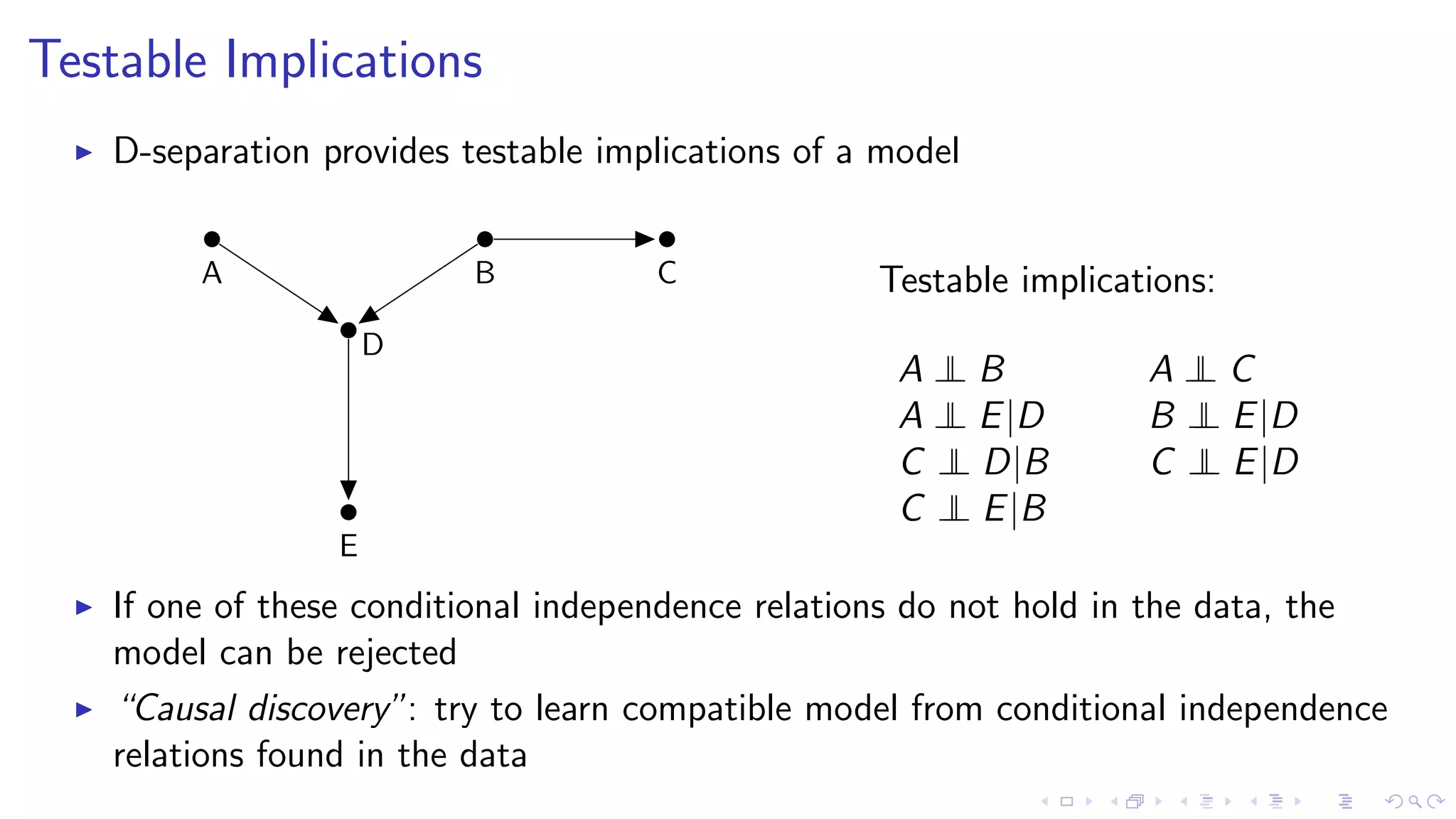 Testable Implications
D-separation provides testable implications of a model
A
D
B C
E
Testable implications:
A ⊥⊥ B A ⊥⊥ C
A ⊥⊥ E|D B ⊥⊥ E|D
C ⊥⊥ D|B C ⊥⊥ E|D
C ⊥⊥ E|B
If one of these conditional independence relations do not hold in the data, the
model can be rejected
“Causal discovery”: try to learn compatible model from conditional independence
relations found in the data
 