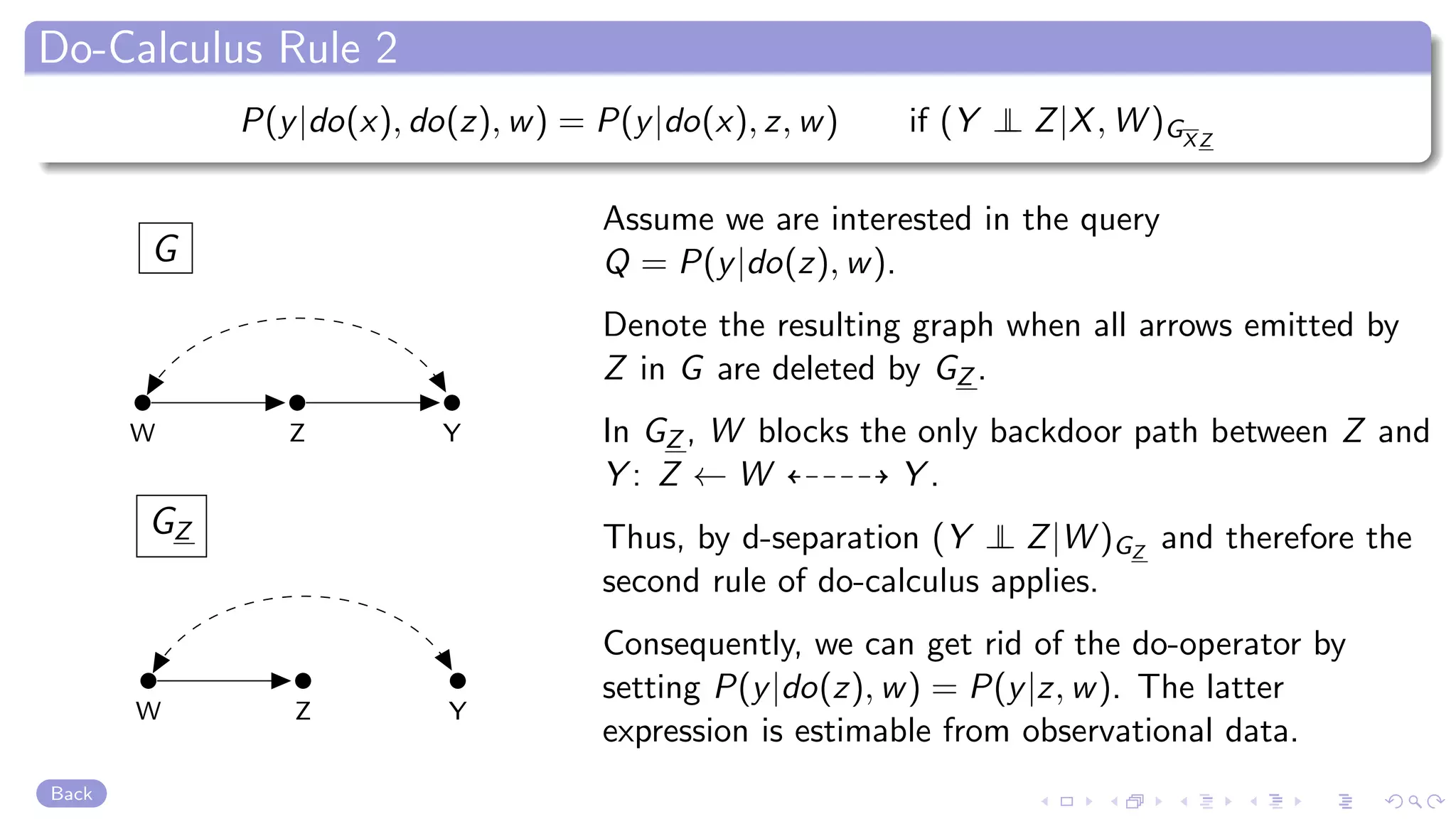 Do-Calculus Rule 2
P(y|do(x), do(z), w) = P(y|do(x), z, w) if (Y ⊥⊥ Z|X, W )GXZ
G
W YZ
GZ
W YZ
Assume we are interested in the query
Q = P(y|do(z), w).
Denote the resulting graph when all arrows emitted by
Z in G are deleted by GZ .
In GZ , W blocks the only backdoor path between Z and
Y : Z ← W Y .
Thus, by d-separation (Y ⊥⊥ Z|W )GZ
and therefore the
second rule of do-calculus applies.
Consequently, we can get rid of the do-operator by
setting P(y|do(z), w) = P(y|z, w). The latter
expression is estimable from observational data.
Back
 