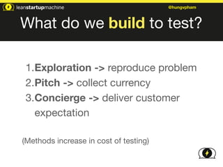 What do we build to test? 
1.Exploration - reproduce problem 
2.Pitch - collect currency 
3.Concierge - deliver customer 
expectation 
! 
(Methods increase in cost of testing) 
@hungvpham 
 