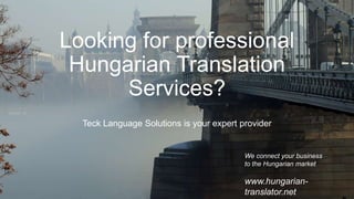 Looking for professional
Hungarian Translation
Services?
Teck Language Solutions is your expert provider
We connect your business
to the Hungarian market
www.hungarian-
translator.net
 