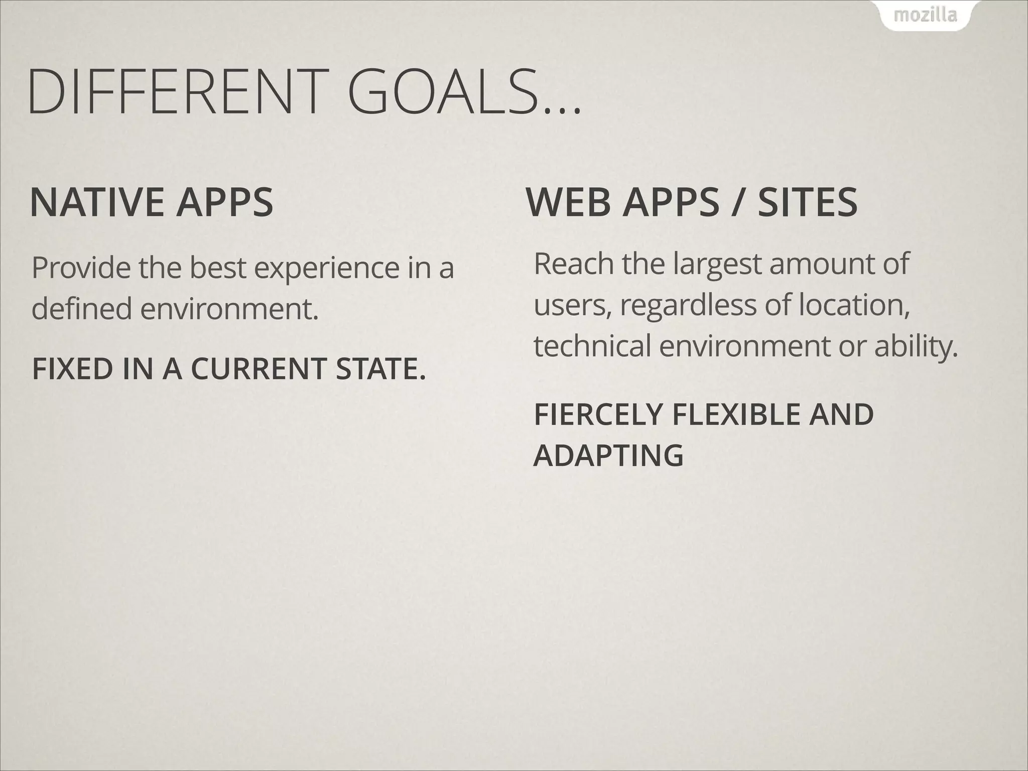 DIFFERENT GOALS…
NATIVE APPS

WEB APPS / SITES

Provide the best experience in a
defined environment.

Reach the largest amount of
users, regardless of location,
technical environment or ability.

FIXED IN A CURRENT STATE.

FIERCELY FLEXIBLE AND
ADAPTING

 