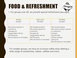 FOOD & REFRESHMENT
• For groups over 20, we provide special refreshment packages
Snacks
65 AED*
Light Lunch
100 AED*
Full Meal
120 AED*
Mini quiche (spinach or
mushroom)
Sausage roll
Veggie platter with dip
Mini Brownies
Mini tart (lemon or chocolate)
Mini triangle sandwich
Mini quiche (spinach or
mushroom)
Sausage roll
Veggie platter with dip
Mini Brownies
Mini tart (lemon or chocolate)
Mini assorted sliders
Mini quiche (chicken, spinach
or mushroom)
Canapés
Quinoa salad
Chicken skewers
Spring roll
Mini tart (lemon or chocolate)
For smaller groups, we have an in-house coffee shop offering a
wide range of sandwiches, salads, coffees and more.
 