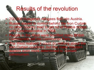 Results of the revolution 200,000 Hungarian refugees fled into Austria.  Russia stayed in control behind the Iron Curtain  no other country tried to get rid of Russia troops until Czechoslovakia in 1968.  People in the West were horrified many British Communists left the Communist Party.  The West realised it could do nothing about the Iron Curtain countries ,but this make Western leaders even more determined to ‘contain’ communism.  