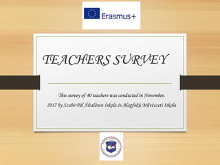 TEACHERS SURVEY
This survey of 40 teachers was conducted in November,
2017 by Szabó Pál Általános Iskola és Alapfokú Művészeti Iskola
 