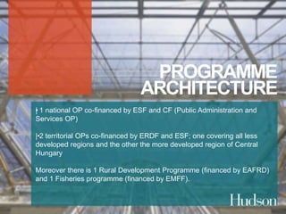 PROGRAMME 
ARCHITECTURE 
•| 1 national OP co-financed by ESF and CF (Public Administration and 
Services OP) 
|• 2 territorial OPs co-financed by ERDF and ESF; one covering all less 
developed regions and the other the more developed region of Central 
Hungary 
Moreover there is 1 Rural Development Programme (financed by EAFRD) 
and 1 Fisheries programme (financed by EMFF). 
 