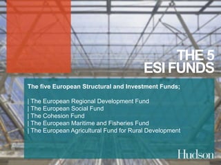 THE 5 
ESI FUNDS 
The five European Structural and Investment Funds; 
| The European Regional Development Fund 
| The European Social Fund 
| The Cohesion Fund 
| The European Maritime and Fisheries Fund 
| The European Agricultural Fund for Rural Development 
 