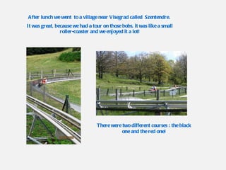 After lunch we went  to a village near Visegrad called  Szentendre.  It was great, because we had a tour on those bobs, it was like a small roller-coaster and we enjoyed it a lot! There were two different courses : the black one and the red one! 