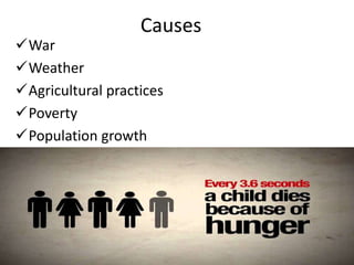 Causes
War
Weather
Agricultural practices
Poverty
Population growth