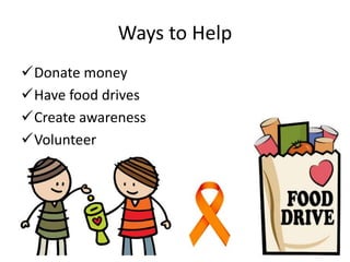 Ways to Help
Donate money
Have food drives
Create awareness
Volunteer