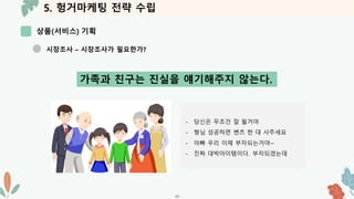 5. 헝거마케팅 전략 수립
상품(서비스) 기획
-20-
시장조사 – 시장조사가 필요한가?
가족과 친구는 진실을 얘기해주지 않는다.
- 당신은 무조건 잘 될거야
- 형님 성공하면 벤츠 한 대 사주세요
- 아빠 우리 이제 부자되는거야~
- 진짜 대박아이템이다. 부자되겠는데
 