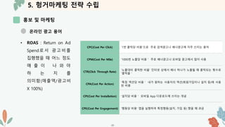 5. 헝거마케팅 전략 수립
홍보 및 마케팅
-30-
온라인 광고 용어
• ROAS : Return on Ad
Spend로 서 광고 비를
집행했을 때 어느 정도
매 출 이 나 와 야
하 는 지 를
의미함(매출액/광고비
X 100%)
CPC(Cost Per Click) ‘1번 클릭당 비용’으로 주로 검색광고나 배너광고에 자주 쓰이는 용어
CPM(Cost Per Mile) ‘1000번 노출당 비용＇ 주로 배너광고나 모바일 광고에서 많이 사용
CTR(Click Through Rate)
‘노출대비 클릭한 비율’ 인터넷 상에서 배너 하나가 노출될 때 클릭되는 횟수로
‘클릭율＇
CPA(Cost Per Action)
‘특정 액션당 비용＇ 내가 원하는 사용자의 액션(회원가입이나 설치 등)에 사용
된 비용
CPI(Cost Per Installation) ‘설치당 비용＇ 모바일 App 다운로드에 쓰이는 개념
CPE(Cost Per Engagement) ‘행동당 비용’ 앱을 실행하여 특정행동(설치, 가입 등) 했을 때 과금
 